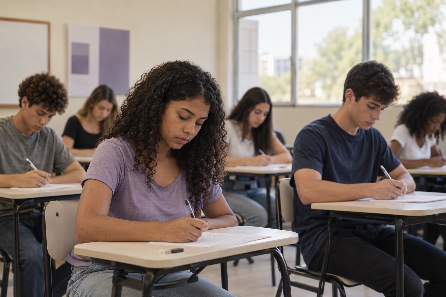 Cena ilustrativa de estudantes do Ensino Médio realizando um simulado